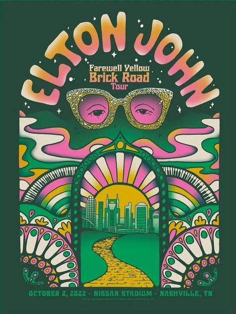 Elton John Aesthetic Poster, Elton John Tour Poster, Vintage Tour Posters, Retro Festival Poster, Elton John Illustration, Nashville Graphic Design, Band Tour Poster Design, Vintage Music Festival Poster, Musical Festival Poster