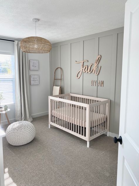 Neutral Nursery Feature Wall, Neutral Nursery With Accent Wall, Nursery Wall Ideas Gender Neutral, Nursery Ideas With White Crib, Nursery With Grey Carpet, Baby Accent Wall Nursery Ideas, Shiplap Wall In Nursery, Accent Wall With Closet Door, Modern Nursery Wallpaper