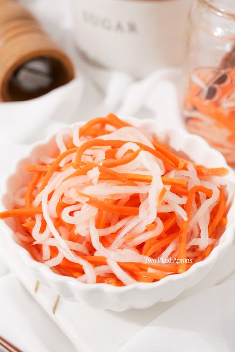 Vietnamese Pickled Carrots and Daikon (Đồ Chua) | Two Plaid Aprons Asian Pickled Carrots, Vietnamese Pickled Carrots And Daikon, Pickled Carrots Vietnamese, Vietnamese Pickles, Pickled Daikon And Carrots, Bean Sides, Pickled Carrots And Daikon, Pickled Turnips, Radish Recipes