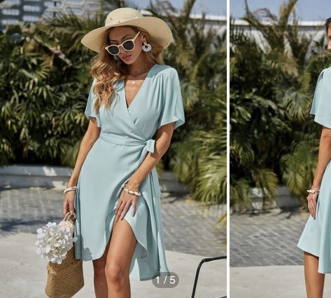 Belted Wrap Dress, Shein Dress, Boho Patterns, Shein Dresses, Other Outfits, Butterfly Sleeves, Knee Length Dresses, Green Fashion, Knee Length Dress