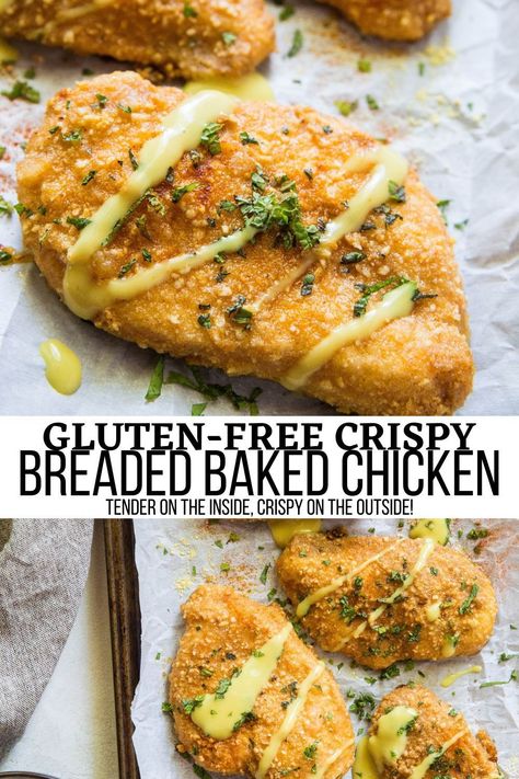 This Gluten-Free Baked Breaded Chicken recipe results in delicious crispy on the outside, tender on the inside juicy chicken breasts. In addition to baking instructions, this recipe includes instructions for pan-fried breaded chicken using a skillet. #chicken #healthy #dinner Gluten Free Crusted Chicken, Baked Breadcrumb Chicken, Gf Breaded Chicken, Gluten Free Baked Chicken Recipes, Chicken Breast Recipes Gluten Free, Gluten Free Chicken Breast Recipes, Paleo Breaded Chicken, Gastro Diet, Gluten Free Breaded Chicken