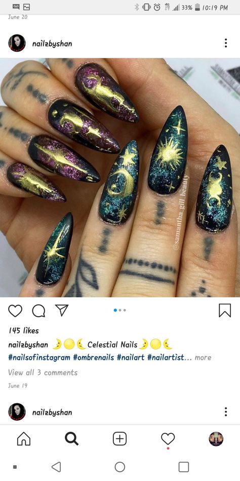 90s Whimsigoth Nails, Dark Witch Nails, Whimsigoth Nail Art, Pagan Yule Nails, Green Galaxy Nails, Yule Nail Art, Wizard Nails, Whimsigoth Birthday, Green Witch Nails