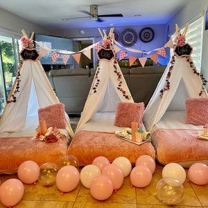 Tee Pee Birthday Party Girl, Slumber Party Teepee, Boho Teepee Sleepover Party, Teepee Tent Sleepover Party Diy, Teepee Tent Sleepover Party, Teepee Sleepover Party Mattress, Girly Birthday Party, Teepee Party, Party In A Box