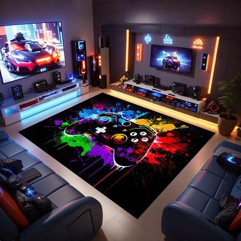 Game Room Rugs, Gaming Room Must Haves, Game Room Inspiration, Kids Gaming Room, Gaming Basement, Gamer Room Ideas Boy Bedrooms, Games Room Inspiration, Gamer Bedroom, Gaming Room Decor