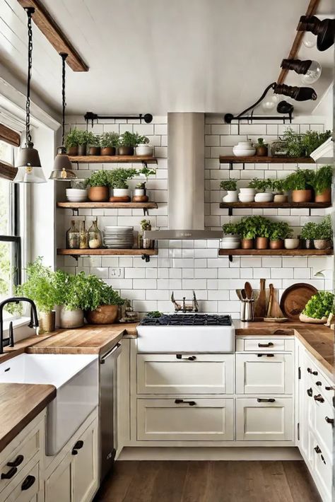 Pendant lights and open shelves in a white galley kitchen Kitchen Inspirations Rustic, Farmhouse Galley Kitchen, Tiny Kitchen Ideas, Modern Rustic Kitchen, Rustic Meets Modern, Recycled Kitchen, Small Farmhouse Kitchen, Small Galley Kitchen, Household Accessories