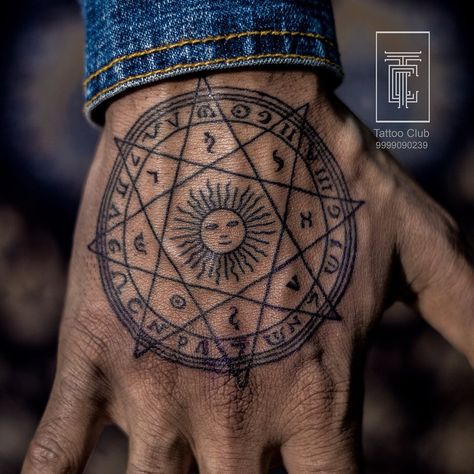 Egyptian Alchemy tattoo ————————————————- TATTOO CLUB care's about the best quality of work we can offer to our clients . The people getting tattooed by us are aware of what care we provide with our work and till what extend we go through to help our clients . And we look forward to give them the guidance and knowledge one should know before getting a tattoo done.  One should have a clarity about what he/she likes and we can help them out further to get them what exactly makes them happy. . . . Egyptian Alchemy, Alchemy Tattoos, Yantra Tattoo, Alchemy Tattoo, Occult Tattoo, Tattoo Prices, Full Body Tattoo, Just Ink, Hand Tattoos For Guys