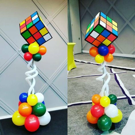 Rubix Cube Party Decorations, Rubix Cube Birthday Party Ideas, Rubiks Cube Birthday Party Ideas, Rubix Cube Party, Rubicks Cube, Balloon Tower, Las Vegas Party, Harry Birthday, Vbs 2023