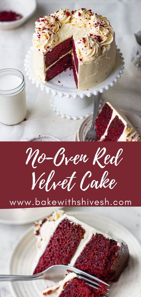 So, the most major issue that I receive when it comes to cakes is the fact that so many of you don’t have Ovens or convection microwave. And I would definitely hate it if you guys can’t try out such basic recipes! Because the fun fact and the best fact about this red velvet cake is it’s a no-oven recipe! You can very simply whip this recipe up in a kadhai or a saucepan. This is a no-oven red velvet cake and I am not even kidding! Red Velvet Cake Eggless, No Oven Cake, Red Velvet Cake Frosting, Eggless Red Velvet Cake, Powdered Food Coloring, Red Velvet Recipes, Microwave Cake, Red Velvet Cake Recipe, Velvet Cake Recipes