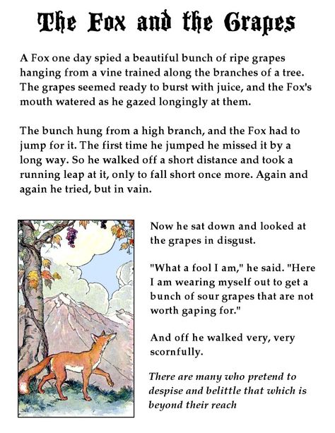 Fox and the Grapes page audio http://etc.usf.edu/lit2go/35/aesops-fables/395/-the-fox-and-the-grapes/ Small English Story, Grape Tattoo, English Moral Stories, Child Guidance, Fable Stories, Phonics Readers, Free Short Stories, Short Moral Stories, Aesop's Fables