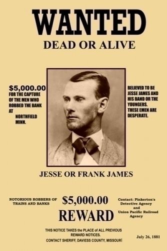 Wanted Poster Reward Poster Jesse or Frank James Reward Poster, Old West Outlaws, Wild West Outlaws, Famous Outlaws, Frank James, Usa History, America's Most Wanted, Cowboy Pictures, Wanted Poster