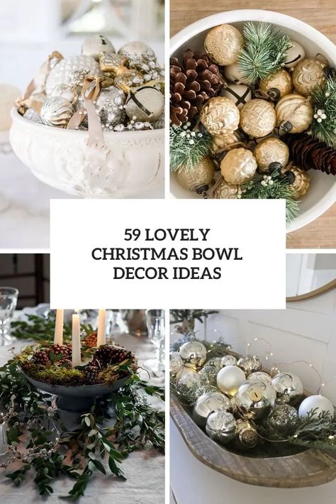 Xmas Bowl Decoration, Trifle Bowl Christmas Centerpiece, Silver Bowl Christmas Centerpiece, Christmas Bowl Centerpiece Ideas, Large Silver Bowl Decor Ideas, Ornament Table Decor, Winter Round Table Decor, Shallow Glass Bowl Decor Ideas, Glass Bowl Christmas Decorations