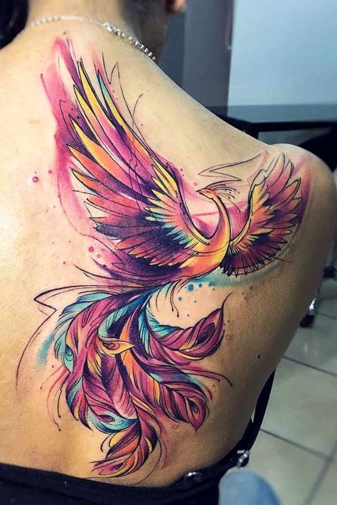 Pink Watercolor Phoenix Tattoo Design #shouldertattoo #watercolortattoo #watercolorphoenixtattoo Watercolor Phoenix Tattoo, Tato Phoenix, Tatuaje Trash Polka, Phoenix Tattoo Feminine, Phoenix Bird Tattoos, Phoenix Tattoo Design, Shape Tattoo, Muster Tattoos, Tatuaje A Color