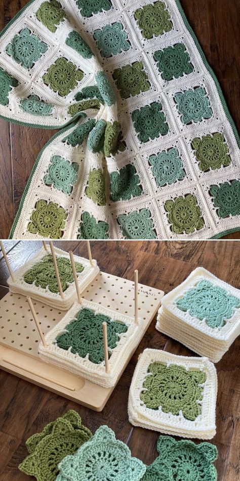 Monochrome Granny Square Blanket, Green Crochet Granny Squares, Crochet Green And White, Shades Of Green Crochet Blanket, Green Blanket Crochet, Green And White Crochet Blanket, Afghan Blanket Crochet, Diy Granny Square Blocking Station, Crochet Green Blanket