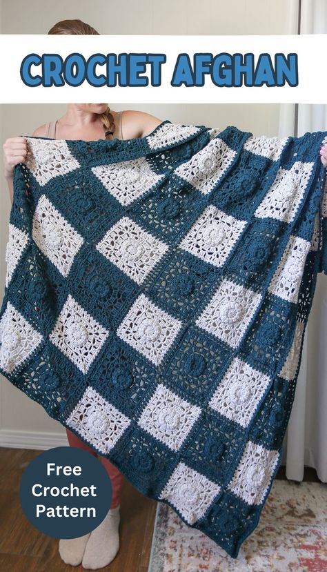 If you want to make a cozy granny squres blanket using two colors of yarn with a beautiful texture then you found the perfect free crochet pattern! This is a great project for a beginner or experienced crocheter. Its unique design made with many basic crochet stitches is an easy pattern once you make a square or two to memorize. Get started now to make this easy two color crochet afghan with the free written instructions in this blog post below! 3d Afghan Crochet Patterns Free, Crochet Afghan Free Patterns, Crochet Afghan Patterns Free Throw Blankets Granny Squares, Granny Square Crochet Pattern Blanket, 2 Color Crochet Blanket Pattern, Easy Crochet Afghan Patterns Free, Crochet Afghans Free Patterns, Granny Square Blanket Pattern Free, Afghan Crochet Patterns Easy