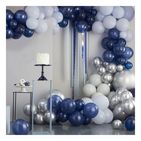 Blue And Silver Birthday Centerpieces, Navy Blue Balloon Decor, Blue And Silver Balloon Arch, Blue And Silver Birthday Decorations, Blue And Silver Party Decorations, Navy Blue Party Decorations, Navy Balloons, Grey Balloons, Blue Balloon Arch