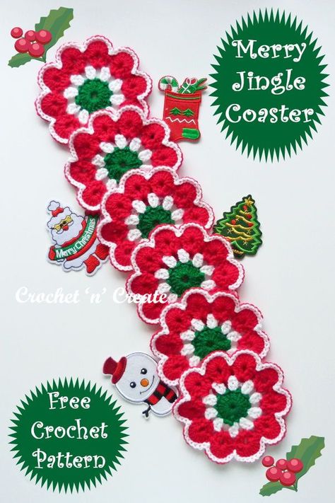 Crochet Xmas Coasters Free Pattern, Crochet Pointsetta Coaster, Free Crochet Patterns For Coasters, Crochet Poinsettia Coaster Free Pattern, Christmas Crochet Doily Patterns Free, Christmas Coasters Crochet Free Pattern, Crochet Christmas Coasters Free Patterns, Christmas Coasters Crochet, Crochet Ornaments Christmas