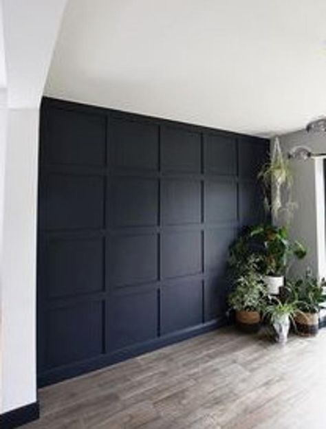 Bedroom Panelling Dark, Bedroom Black Panelling Wall, Wood Panelling Walls Black, Dark Grey Bedroom Panneling, Pannelling With Shelf, Living Room Panelling, Mdf Wall Panels, Upholstered Wall Panels, Wooden Panelling