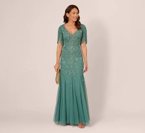 Grandmother of the Bride Dresses | Adrianna Papell Mermaid Long Dress, Petal Sleeves, Beaded Mermaid, Floral Embellishment, Ethereal Aesthetic, Plus Size Cocktail Dresses, Petal Sleeve, Mob Dresses, Flowy Maxi Dress