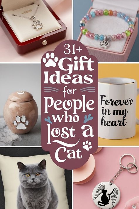 31+ gift ideas for people who lost a cat, featuring jewelry, mug, pet urn, cat photo, and keychain. Pet Memorial Ideas Cat, Pet Loss Gift Ideas, Cat Memorial Ideas, Loss Of A Cat, Memorial Gift Ideas, Cat Memorial Garden, Interactive Gifts, Dog Sympathy Gifts, Cat Parents