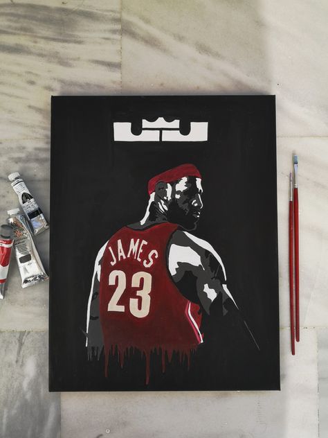 Basketball Painting Ideas, Lebron James Painting, Basketball Painting, Painting Birthday Party, Sports Painting, Personal Investigation, Black Canvas Paintings, Circle Canvas, Painting Birthday