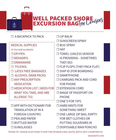 Cruise Excursion Bag Checklist! Cruise Excursion Bag, Cruise Prep, Caribbean Cruise Packing, Carnival Cruise Tips, Carnival Valor, Greece Cruise, Hawaiian Cruises, Cruise Packing Tips, Carribean Cruise