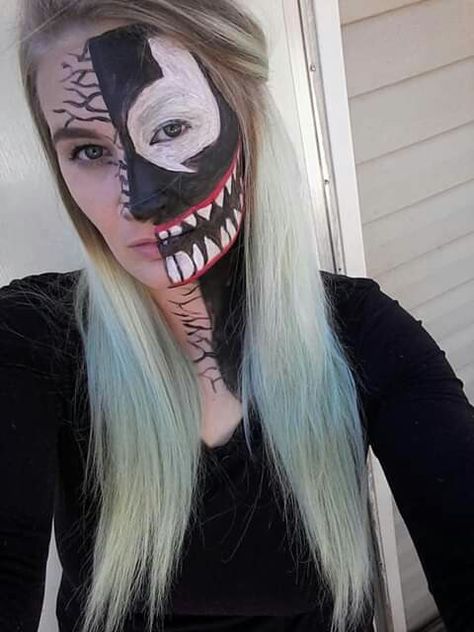 Easy face paint! Step By Step Halloween Face Painting, Pirate Skeleton Face Paint, Skeleton Face Paint With Beard, Skull Face Paint Easy Makeup Tutorials, Easy Face Paint, Half Painted Skeleton Face, Face Painting Easy, Facepaint, Venom