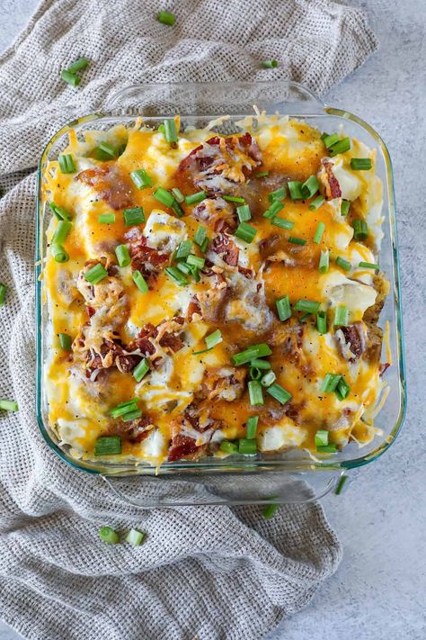 Loaded Baked Potato Casserole Baked Potato Casserole Loaded, Layer Potatoes, Bacon Potato Casserole, Loaded Potato Casserole, Cheesy Bacon Potatoes, Leftover Baked Potatoes, Loaded Baked Potato Casserole, Layered Potato, Holiday Leftovers