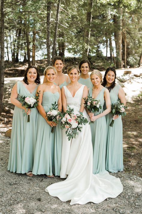 Mint and Blush Appalachian Mountain Wedding in Maine | Photography by Bridemades Bouquet, Mint Bridesmaids Dresses, Mint Green Dresses Bridesmaid, Mint Green Bridesmaid Dress, Mint And Blush Wedding, Mint Wedding Theme, Mint Wedding Dress, Mint Bridesmaid Dresses Long, Brides Mate Dress