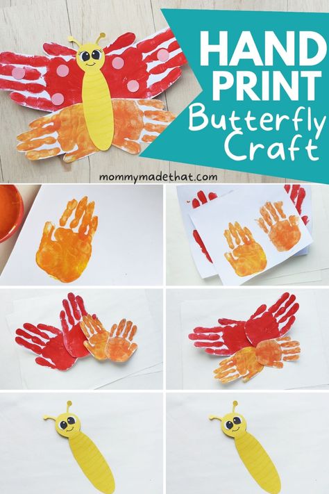 handprint craft for kids. cute little easy butterfly craft Butterfly Handprint Craft, Easy Butterfly Craft, Handprint Butterfly, Painting Crafts For Kids, Paper Plate Animals, Printable Butterfly, Easy Butterfly, Marker Crafts, Butterfly Craft