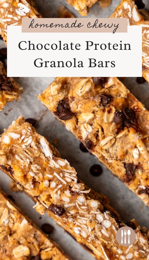 These chewy chocolate protein granola bars will be your favorite grab-and-go snack. They're packed with oats, protein, creamy peanut butter, and chocolate chips covering all the chewy bar flavors in every bite. Protein Granola Bars Recipe, Healthy Protein Granola Bars, Chocolate Chip Protein Bar, Granola Bars Homemade, Protein Gronala Bars, Chocolate Protein Granola Bars, Vegan Snacks On The Go, Protein Granola Bars, Healthy Protein Bars