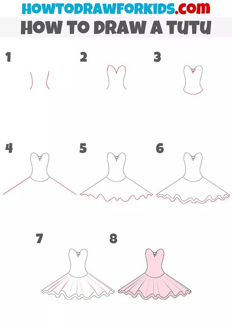 Easy Drawings Dresses Step By Step, Ballet Drawings Easy Step By Step, Ballerina Drawing Step By Step, Ballerina Skirt Drawing, Dress Drawing Easy Step By Step, How To Draw A Tutu, Ballet Tutu Drawing, Ballerina Dress Drawing, Ballet Dress Drawing