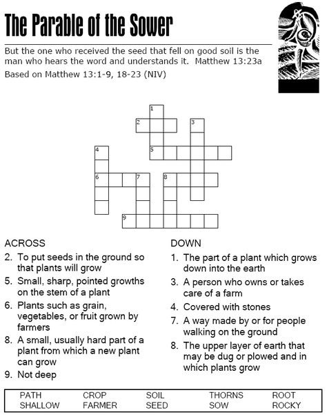 The Parable of the Sower - Crossword Puzzle Bible Activity Sheets, The Parable Of The Sower, Parable Of The Sower, Childrens Sermons, Bible Quiz, Bible Crafts For Kids, Sunday School Activities, Christian Kids, Bible Lessons For Kids