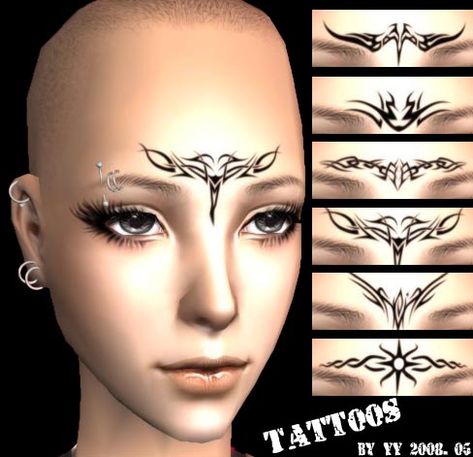 Mod The Sims - Six Tattoos On Brow Sims 4 Cc Face Tattoos, Sims 4 Face Tattoos, Slipknot Tattoo, Third Eye Tattoos, Face Tats, Hippie Tattoo, Manga Hair, 3 Tattoo, Play Sims