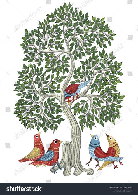 Tree Of Life Wall Art, Gond Art, Gond Painting, Gold Art Painting, Kalamkari Painting, Artwork Inspiration, Art Indian, Pichwai Paintings, Madhubani Art