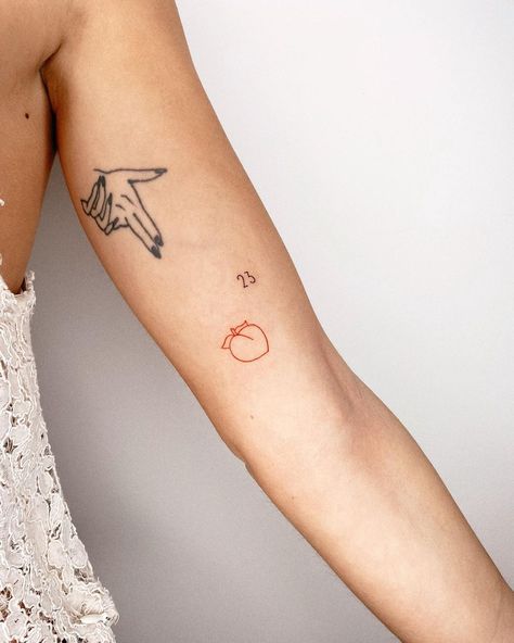 Peaches And Cream Tattoo, Cute Peach Tattoo, Peach Line Tattoo, Tiny Peach Tattoo, Small Peach Tattoo, Peaches Tattoo, Peachy Tattoo, Dreams Tattoo, Mushroom Lady