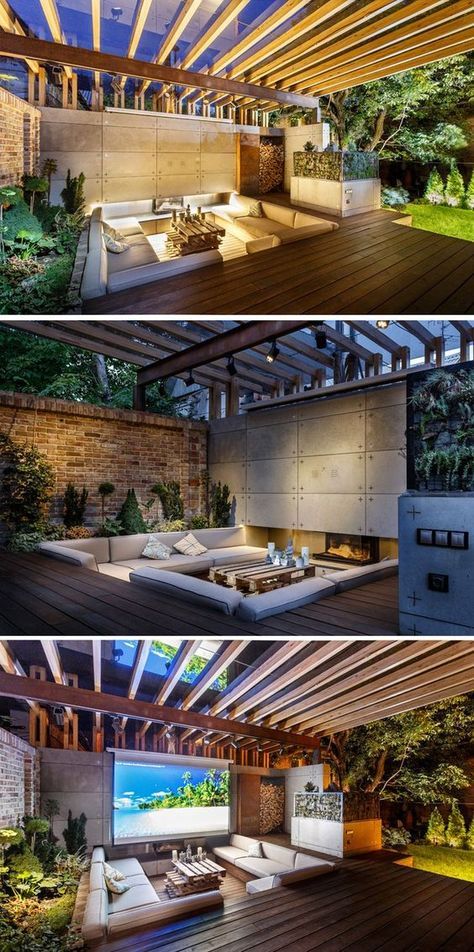 SVOYA Studio have designed a multi-function lounge area in Dnepropetrovsk, Ukraine, that features sunken seating and a drop-down projection screen for watching movies. Sunken Deck Seating, Sunken Seating Area Garden With Pergola, Mini Lounge Area, Sunken Outdoor Lounge, Outdoor Projector Ideas, Sunken Deck, Mini Lounge, Sunken Seating, Sunken Lounge