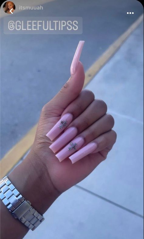 Pink Nails Chrome Hearts, Pink Chrome Hearts Nails, French Tip Chrome Heart Nails, Pink Chrome Heart Nails, Nude Nails Acrylic, Long Nude Nails, Chrome Hearts Nails, Chrome Heart Nails, Glittery Acrylic Nails