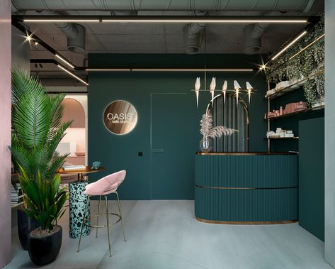 NAILS STUDIO "OASIS" :: Behance Green Salon Ideas, Nail Studio Interior, Green Beauty Salon, Nail Studio Decor, Salon Reception Area, Hair Salon Interior Design, Pink Store, Spa Interior Design, Green Interior Design