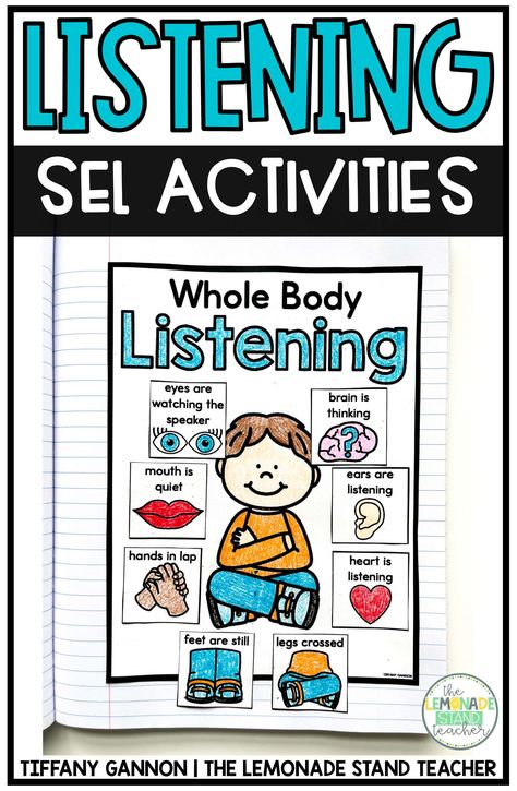 Pre K Listening Activities, Social Focus Whole Body Listening, Listening Strategies For Students, Sel Worksheets For Kindergarten, Kindergarten Listening Activities, Whole Body Listening Anchor Chart, Listening Chart For Kids, Listening Activities For Kindergarten, Active Listening Anchor Chart