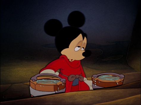 An exhausted Mickey in The Sorcerer's Apprentice from the movie Fantasia 1940 Mickey Mouse Wall, The Sorcerer's Apprentice, Mouse Wall, Fantasia Disney, Musical Film, Disney Artwork, Mickey Mouse And Friends, Vintage Disney, The Movie