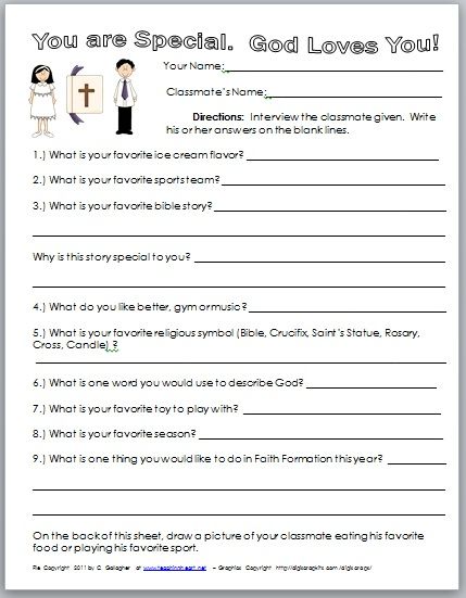 have the children interview each other...icebreaker, get to know you activity for opening day of R.E. Ccd Crafts, Ccd Activities, Religion Activities, Icebreaker Questions, Desk Tags, Student Of The Week, Bible Worksheets, Get To Know You Activities, School Printables