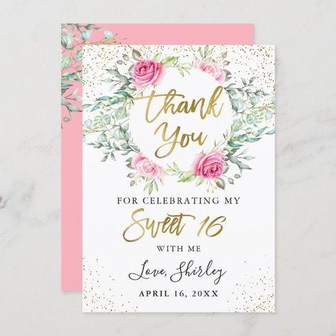 Pink Gold Birthday, Cake Lettering, 16th Birthday Invitations, Floral Greenery, Birthday Thank You Cards, Custom Thank You Cards, Sweet 16 Birthday Party, 16 Birthday, 16th Birthday Party