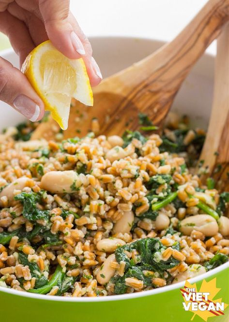 Farro, Cannellini Bean, and Parsley Pesto Salad | The Viet Vegan | Makes for a healthy, brightly flavoured lunch. Full of fibre, protein, and texture, this is a fresh way to fuel your body. Pesto Bowl, Cannellini Beans Recipes, Farro Recipes, Cannellini Bean, Parsley Pesto, Clean Meals, Pesto Salad, Grain Recipes, Vegan Salads