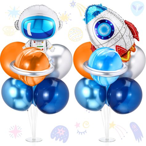 PRICES MAY VARY. Comprehensive Space Themed Party Kit: the outer space birthday decorations come in 2 sets, including 2 balloon stands, 1 astronaut balloon, 1 rocket balloon, 2 orange balloons, 2 metallic silver balloons, 4 navy blue balloons, 4 blue balloons, 2 metallic blue balloons, 1 marble orange balloons, 1 marble blue balloons, and 2 metallic silver long balloons, 1 adhesive dots; The vibrant colors of the balloons are sure to liven up any room and are ideal for your child's space themed Space Party Balloons, Space Table Decorations, Space Party Centerpiece, Space Party Table, Space Centerpiece Ideas, Two The Moon Birthday Party Boy, Planet Decorations, Rocket Balloon, Outer Space Party Decorations