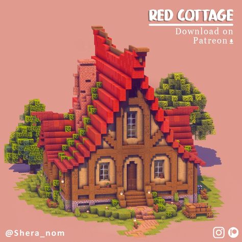 Hi here! Here is a cozy red cottage I built with DioRods. Build downloads are available for my supporters on Patreon :) Red House Minecraft, Fantasy Minecraft, Minecraft W, Build Minecraft, Aesthetic Minecraft, Minecraft Redstone, Minecraft Structures, Minecraft Cottage, Red Cottage