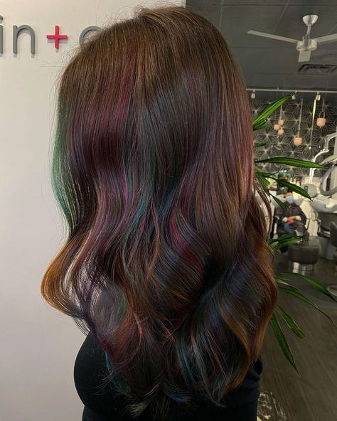 Oil Slick Hair Peekaboo, Iridescent Hair Dark, Hair Color Inspo For Brunettes, Oil Slick Highlights, Oil Slick Balayage, Hair Colors Unnatural, Prism Highlights Brown Hair, Fantasy Color Highlights, Splotchy Hair Color