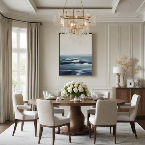 Coastal Chic Dining Room, Woven Chairs, Natural Wood Table, Chic Dining Room, Ocean Artwork, Shell Chandelier, Dining Room Spaces, Dining Room Style, Woven Chair