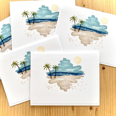 Beach Front Card Set -5 cards and 5 white envelopes -folded cards -Blank on the inside -Size A2: 4.35x5.5 inches DETAILS: White card base topped with the hand stamped design features a relaxing scene of a sandy beach, blue skies, and palm trees. USE: Use them for hello notes, thank you cards, encouragement, birthday cards, or anything else! PACKAGING: Cards/envelopes will be in a sealed, clear package. HANDMADE:  All cards are handmade by Dana and are backstamped with a DandACards logo and Stampin'UP! Copyright stamp, as required. SHIPPING:  DandACards offers combined shipping.  When you purchase more than (1) item from this shop in the same transaction, each additional item will have a reduced shipping fee.  The system will automatically calculate this for you during check-out. Orders tot Waterfront Cards Su, Oceanfront Stampin Up Cards, Light The Sky Stampin Up Cards, Seaside Wishes Stampin Up Cards, Male Birthday Cards Handmade, Beach Cards Handmade, Beach Birthday Card, Retirement Cards Handmade, Package Handmade