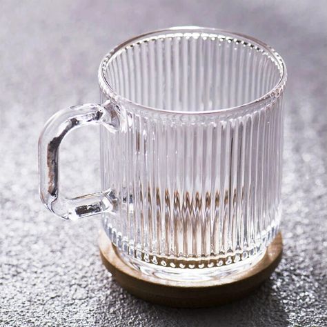 Sturdy Glass Mug With Ribbed Vertical Stripe Pattern and Cute Lid - 1 Ribbed Coffee Mug, Coffee Shop Mugs, Ribbed Glasses, Cafe Mugs, Clear Mugs, Clear Coffee Mug, Clear Glass Coffee Mugs, Changing Basket, Coffee Glass Cup