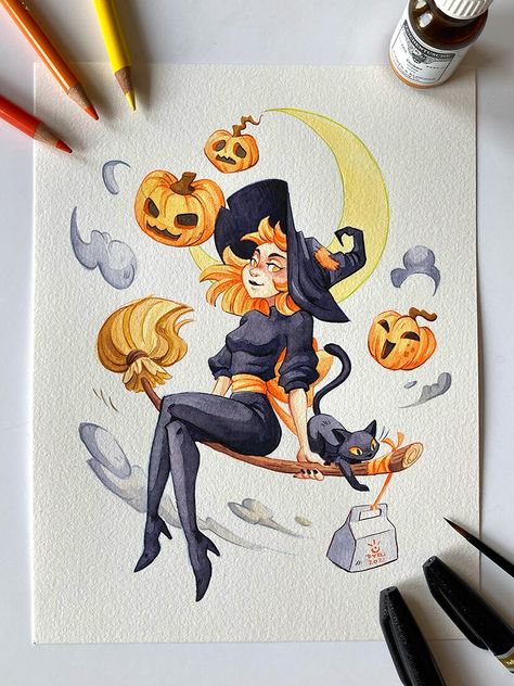 ArtStation - Drawtober 2022, Julia Körner Big Watercolor Painting Art Projects, Drawtober 2022, Cats Painting, Drawing Of A Girl, Deer Girl, Creative School Project Ideas, Animals Love, Pet Cats, Watercolor Art Lessons